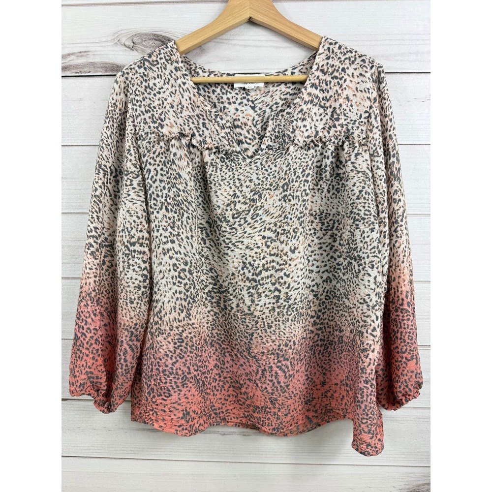 Fyve Womens L Leopard‎ Print Long Sleeve V Neck Blouse Top Size L